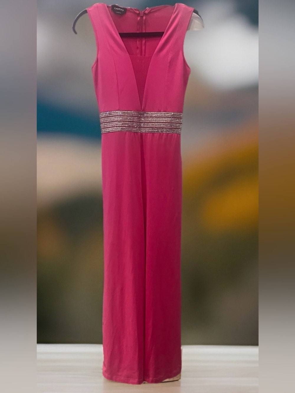 BEBE Fuchsia Sleeveless Jumpsuit Gown with Rhinestone Waist Size XS